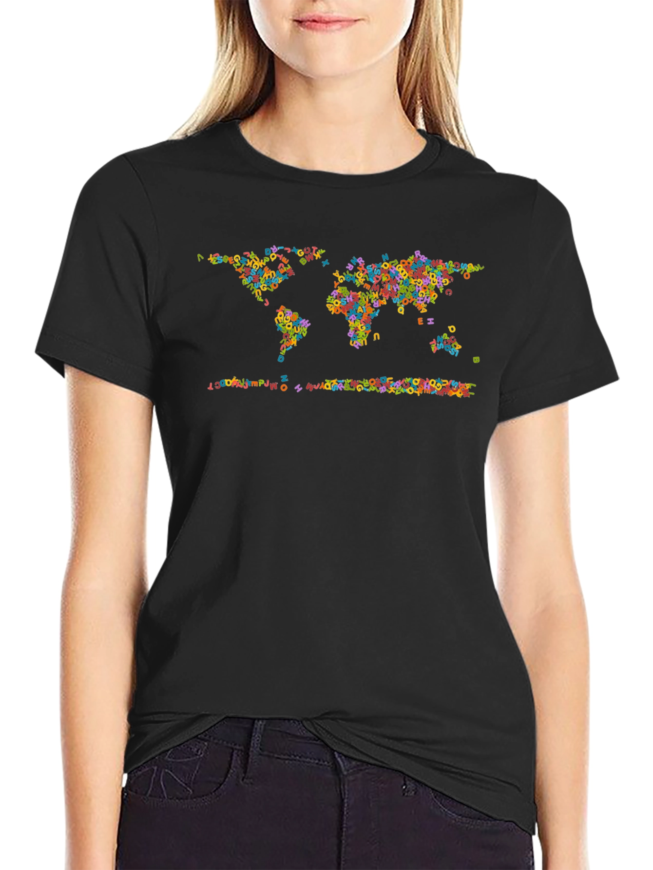 World Map Letters Black Graphic T-Shirt